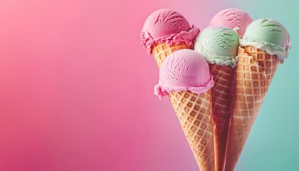 A banner template displays ice cream in waffle cones against a vibrant backdrop, with solid background and copy space on center for advertise
