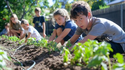 A group of children are working in a garden. One boy is wearing a shirt that says "I am a boy"
