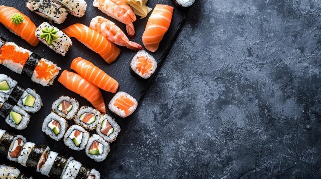 A banner template features a variety of sushi selections, symbolizing Japanese culinary expertise, with solid background and copy space on center for advertise