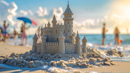 A sand castle is built on the beach with a group of people watching. The castle is small and made of sand, and it is located near the water