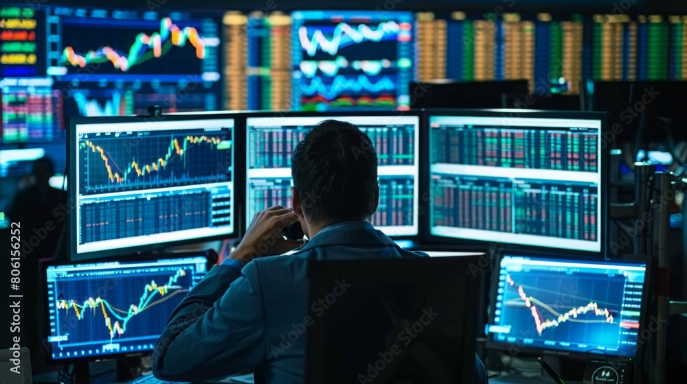 Leinwandbilder a stock market trader analyzing charts and graphs on multiple computer screens, monitoring market tr