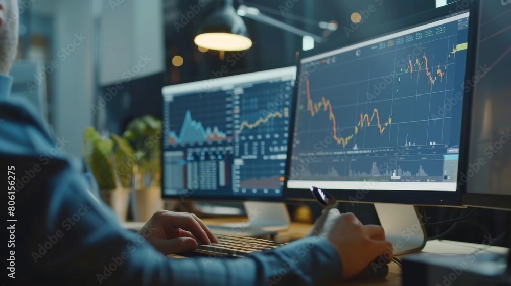 Aufkleber a stock market analyst examining charts and graphs on a desktop computer, conducting technical analy