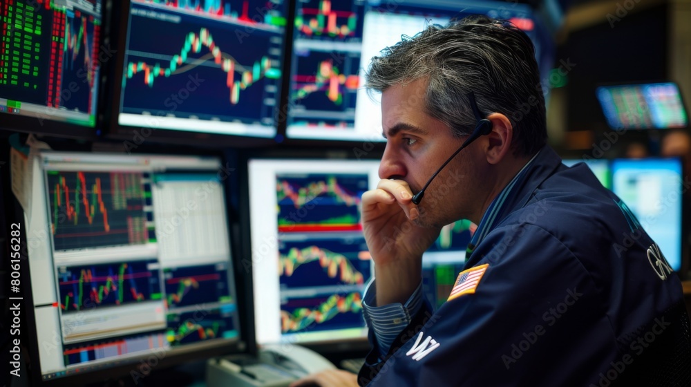 Poster A stock market trader analyzing charts and graphs on multiple computer screens, monitoring market trends for profitable investments.