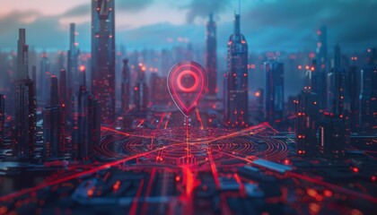 Fototapeta premium A futuristic map pin location with AI technology hovers above a digitized cityscape, Sharpen banner template with copy space on center