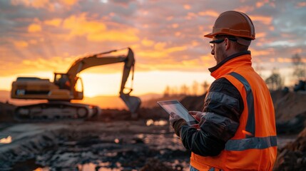 Civil engineer using tablet to control construction site during sunset Ensures the operation of machinery in large buildings. Including the excavator efficiently