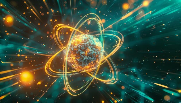 A physicist develops a novel theory in particle physics, illustrated by a HUD icon of an atom in 80s retro colors, encapsulating the essence of discovery and curiosity