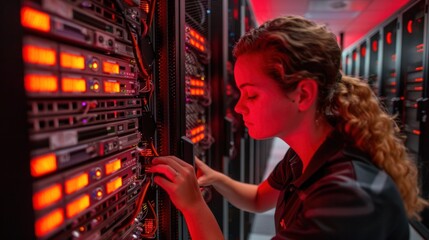 Obraz premium An IT professional discusses servers, technology, and networking with colleagues. In this video, you can see how a technologically advanced environment works.