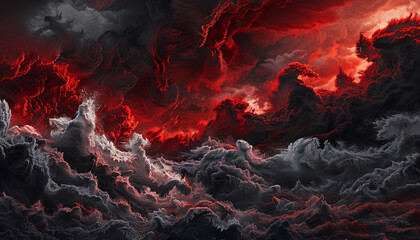 A dramatic and bold interaction of deep red and charcoal grey waves, clashing in a powerful display that captures the intensity of a stormy sky.