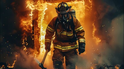 Fototapeta premium A firefighter exiting burning building with fire axe, heroic pose. Generative AI.
