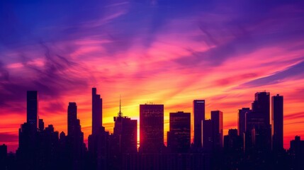 A striking architectural silhouette of skyscrapers against a colorful sunset sky, evoking a sense of wonder and awe in the heart of a vibrant city.