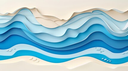 An abstract paper art depiction of a summer seascape invites you to dive into the cool blues and sandy shores