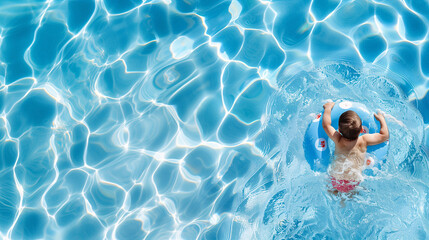 Summer seasonal background design with copy-space for text at center. Template for summer with a kid with a pool ring is swimming in vivid blue swimming pool.
