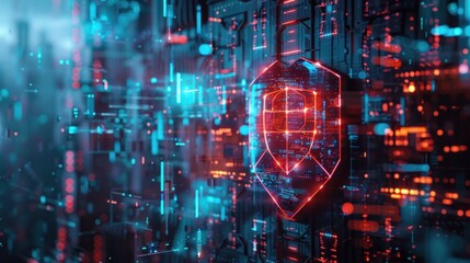 Immerse yourself in the world of cybersecurity with a visually compelling depiction featuring a digital shield emblem surrounded 