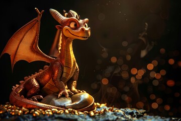 Obraz premium A majestic cartoon dragon perched on a treasure wide shot