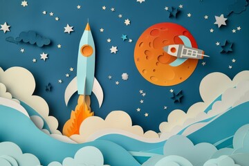 Naklejka premium An illustration of a rocket ship launching into the starfilled sky captures the excitement of space exploration