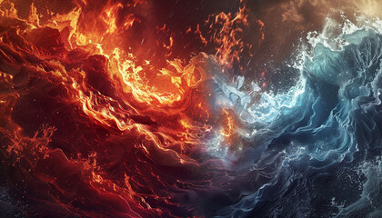 A dramatic interaction of fiery red and icy blue waves, their intense clash producing a visual spectacle reminiscent of a mythical battle between fire and ice.