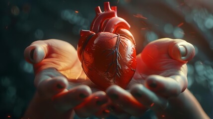 Anatomical human heart in 3D illustration held in specialist hands, reflecting the precision of modern medical practices, Sharpen banner template with copy space on center