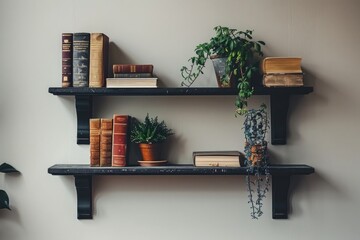 black shelfs on  wall with books and plants