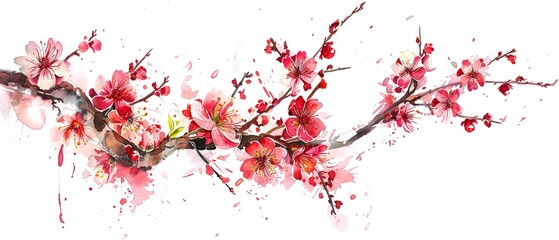 Artistic clipart of a cherry blossom branch in watercolor with fractal blossoms adding a touch of the surreal