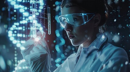 Witness the potential of biotechnology in healthcare with a wide banner hologram showcasing a scientist holding medical testing tubes or vials, leading pharmaceutical research