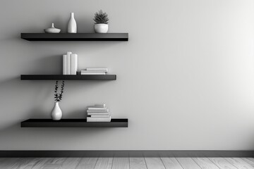 black shelfs on white wall with decoration