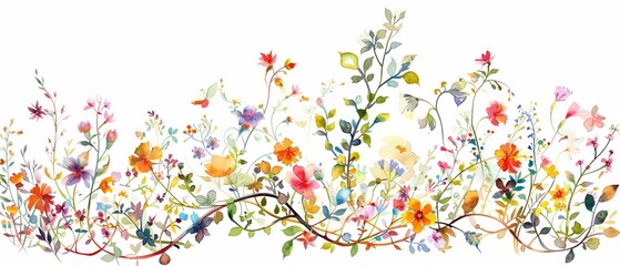 Clipart of a mystical watercolor garden with fractal vines intertwining amongst colorful flowers