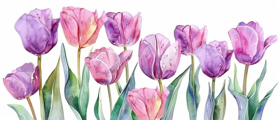 Cluster of tulips in watercolor each with fractal edges and a dewy look