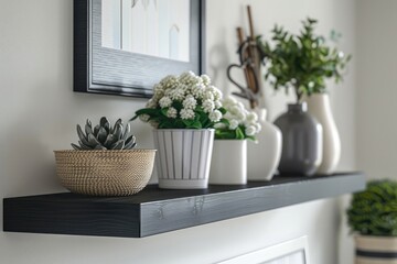 black shelfs on white wall with plants decoration