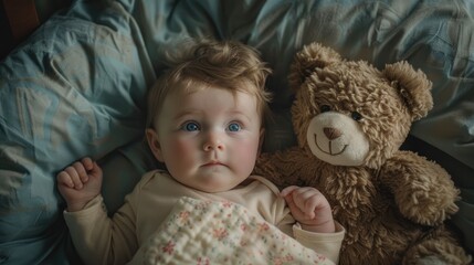 Sweet young girl lying in bed with her beloved teddy bear seen from above in a moment of tender innocence.