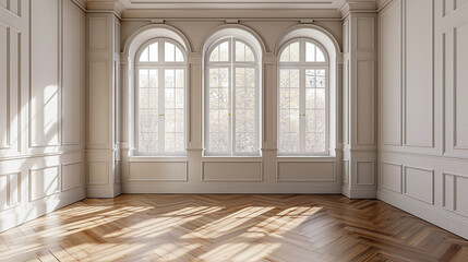A room devoid of furnishings showcases oak parquet flooring and a barred aluminum window, contributing to its minimalist aesthetic.