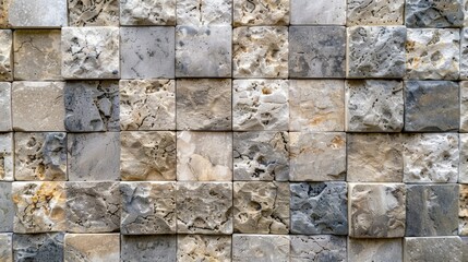 Natural stone wall cladding background with gray and beige color square tiles. Top view, flat lay of rustic stone wall texture for interior or exterior decoration. 8k real photo on the floor.