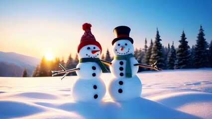 Obraz premium Two snowmen are standing in the snow with one wearing a red hat and scarf. The sun is setting behind them, creating a warm and cozy atmosphere