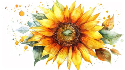 Watercolor clipart of a sunflower with a fractal core surrounded by lush foliage