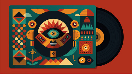 A vinyl record packaging adorned with traditional patterns and imagery from different cultures reflecting the fusion of sounds within. Vector illustration