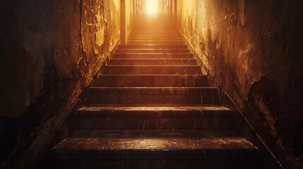 A staircase with a sun shining through the window