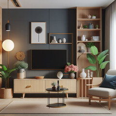 Mockup of a living room interior, TV cabinet or place objects in a modern living room with lamps, tables, flowers and plants