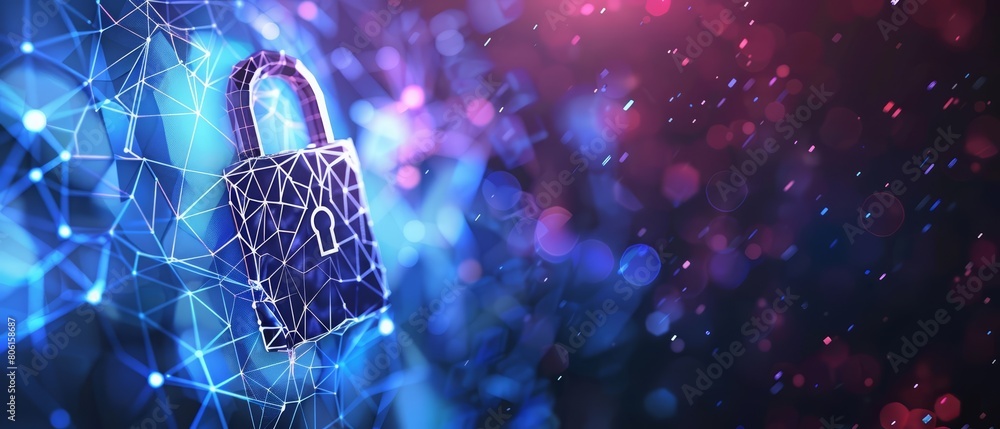 Poster digital polygons form an open padlock, illustrating cyber security in a techsavvy world, sharpen ban