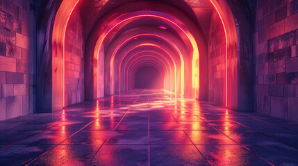 A long, narrow tunnel with red lights shining down on the floor