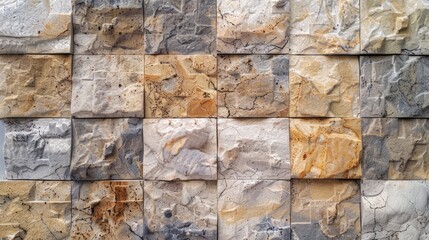 Natural stone wall cladding background with gray and beige color square tiles. Top view, flat lay of rustic stone wall texture for interior or exterior decoration. 8k real photo on the floor.