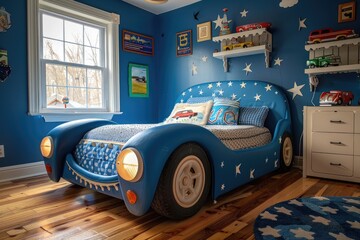 boys  modern bedroom interior with car shaped modern bed elegant interior