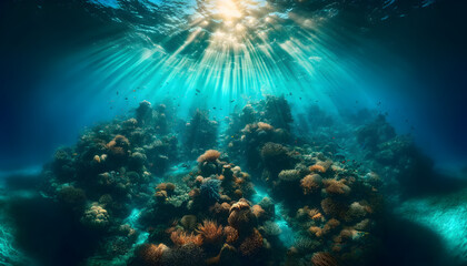 Radiant Reef: Sunrays Spotlighting a Lush Coral Garden Under the Sea