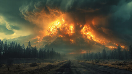 Fototapeta premium Apocalyptic Explosion over Remote Forest Road