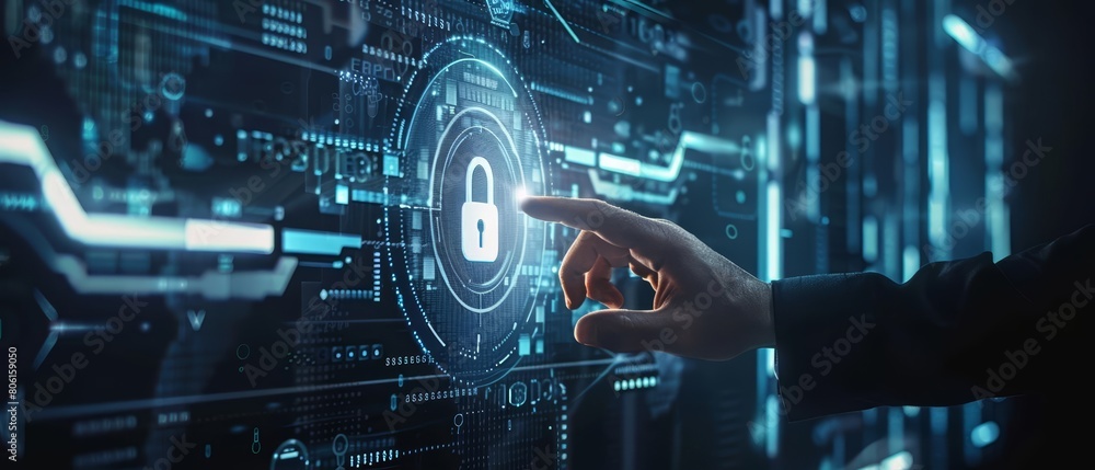 Poster a businessman interacts with a digital interface showing a padlock icon
