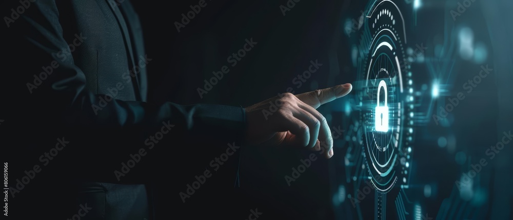 Poster a businessman interacts with a digital interface showing a padlock icon