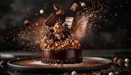 Enjoy the art of fine desserts at a bakery where the signature chocolate cakes are presented in a flying healthy food explosion