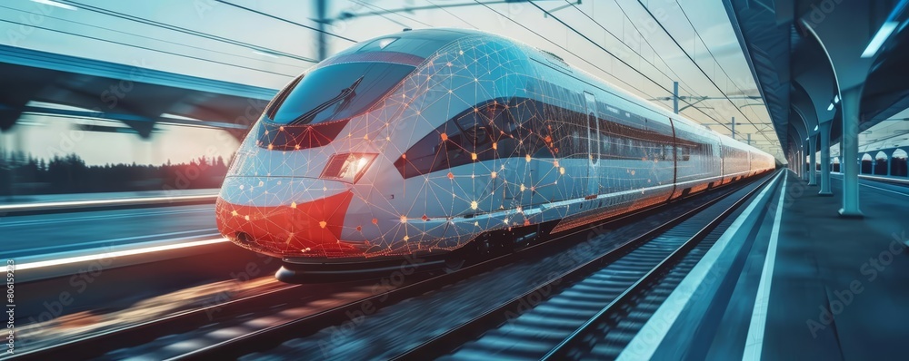 Poster a digital mesh overlays a highspeed train, illustrating the integration of advanced technology in mo