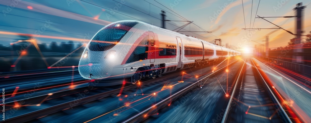 Poster a digital mesh overlays a highspeed train, illustrating the integration of advanced technology in mo