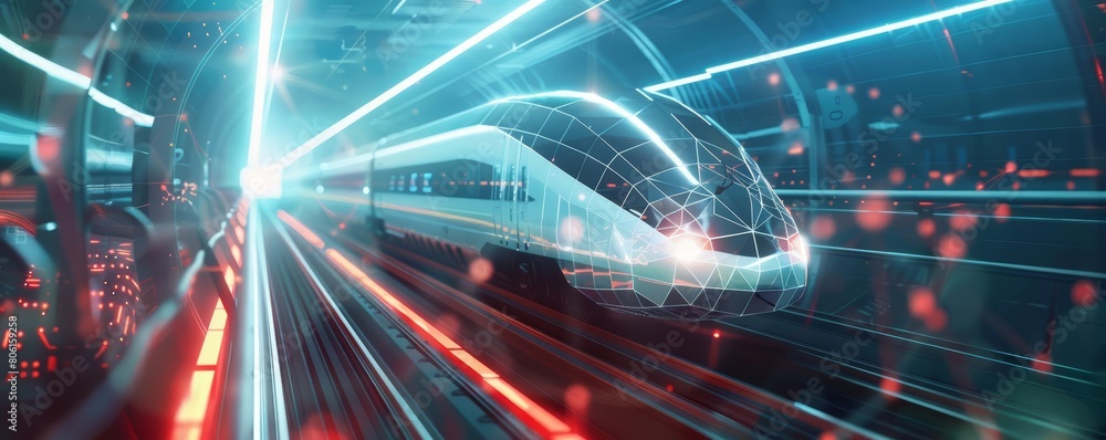 Poster a digital mesh overlays a highspeed train, illustrating the integration of advanced technology in mo