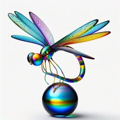 A stunning blown glass sculpture of a playful, a dragonfly  with seamlessly blended rainbow colors, white background