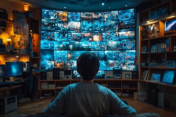 Fototapeta premium Person observing a wall of surveillance screens